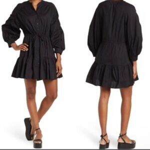 Astr The Label Black Tiered Buttoned Long Sleeve Mini Shirt Oversized Dress XS